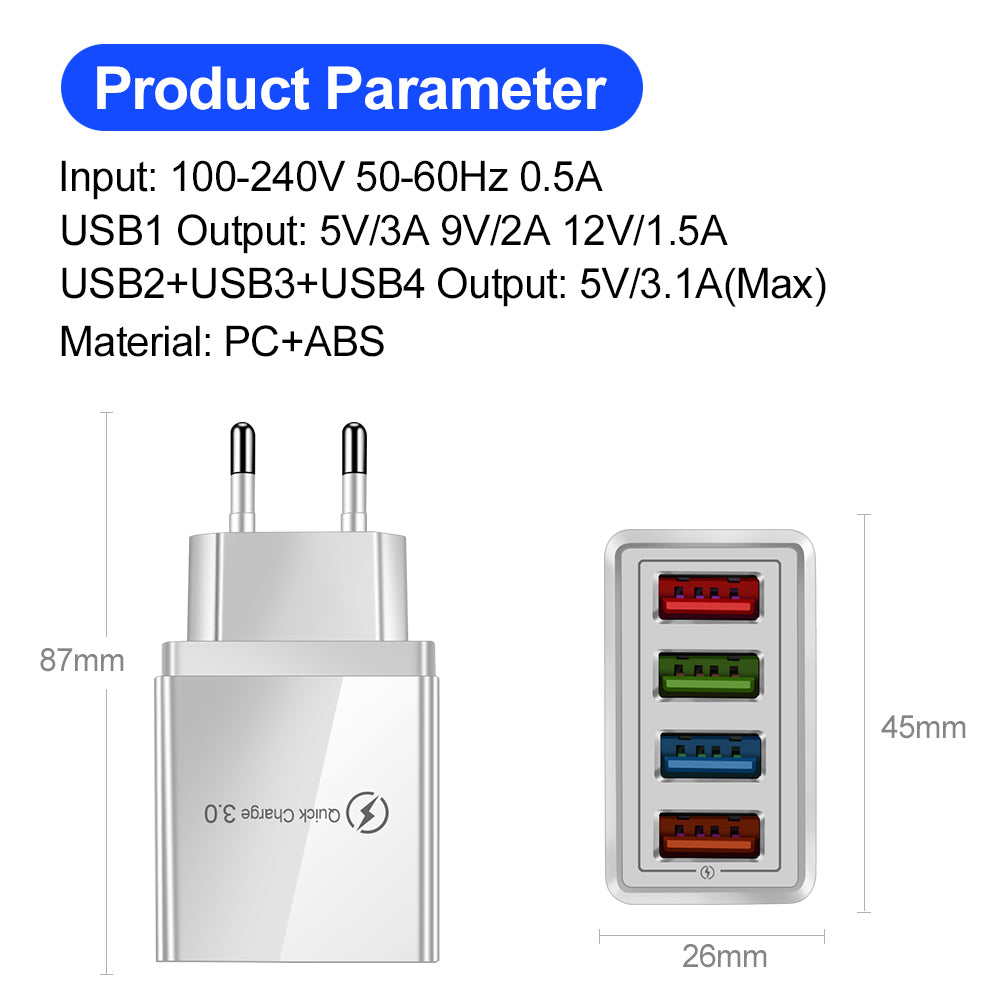 USB Ladegerät Quick Charge 3,0 4 Ports Telefon Adapter Für Huawei IPhone 12 Tablet Tragbare Wand Mobile Ladegerät Schnellladegerät